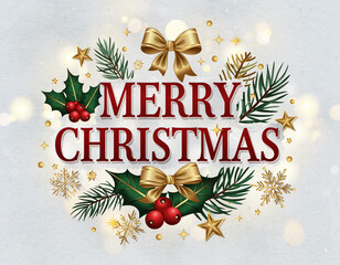 Merry Christmas Text with Holly Leaves, Golden Bows, Snowflakes and Pine Branches