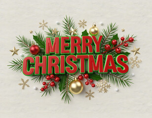 Merry Christmas Text with Holly Leaves, Pine Branches and Festive Ribbon Decoration