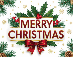 Merry Christmas Text with Holly Leaves, Pine Branches and Festive Ribbon Decoration