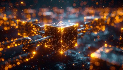 Futuristic blockchain network glowing with golden energy links, digital cubes interconnected in a dark space filled with floating data particles.