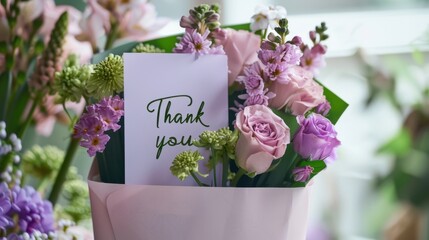 A bouquet of colorful flowers with a 'Thank you' card. The arrangement includes pink roses and various green foliage.