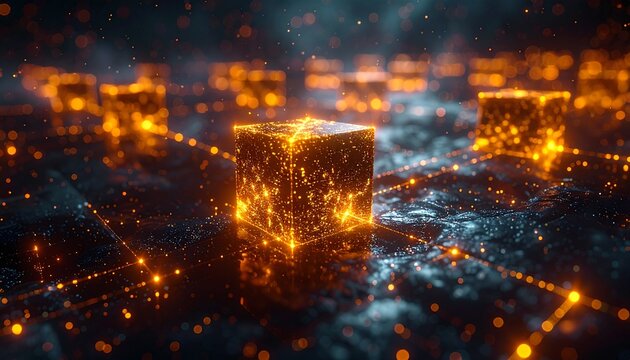 Futuristic blockchain network glowing with golden energy links, digital cubes interconnected in a dark space filled with floating data particles.
