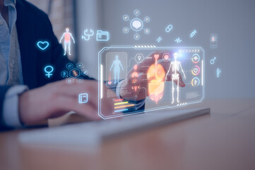 AI medical. Doctor using laptop with holographic medical interface showing human body and health data charts. Concept of digital medicine, healthcare innovation, telemedicine