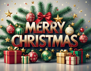 Merry Christmas Text with Festive Ornaments, Pine Branches and Gift Boxes