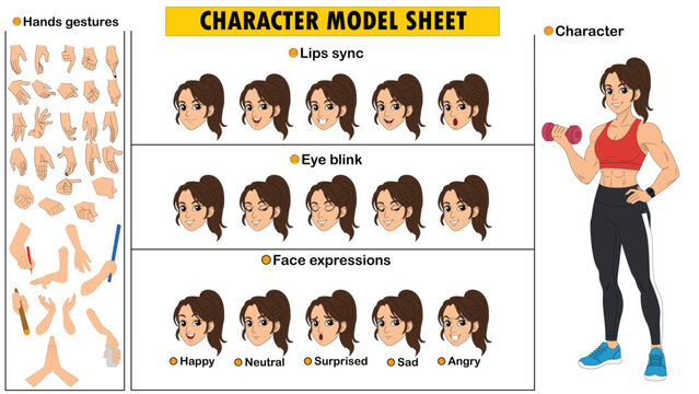 Female Bodybuilder Character Constructor Kit. Customizable Strong Woman Model Sheet with Muscular Body, Fitness Poses, and Expressions.