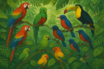 Obraz premium A vibrant scene of various colorful parrots and a toucan perched among lush green jungle foliage, showcasing diverse species in tropical harmony.