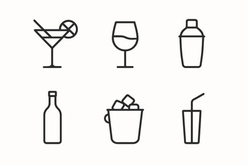 Minimalist drink icons: martini, wine, shaker, bottle, ice bucket, juice