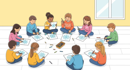 Diverse young children enjoying a creative art session, drawing and coloring with crayons on the floor, promoting early learning, artistic expression, and social development skills