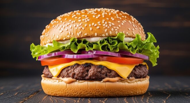 A classic cheeseburger with a thick beef patty, melted cheddar cheese, fresh lettuce, tomato slices, and red onion rings on a sesame seed bun, presented on a dark wooden surface