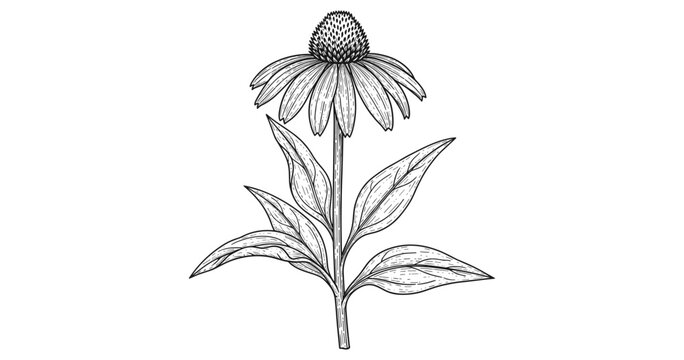 Detailed botanical drawing of echinacea with elegant lined style on white background