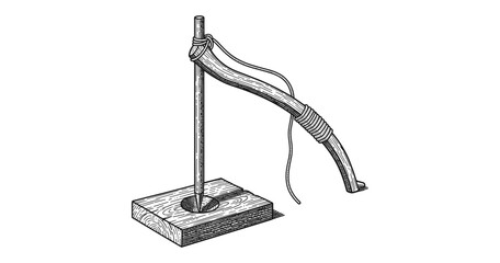 Hand-drawn bow drill illustration: traditional fire starting tool with detailed woodwork