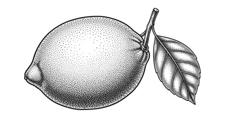 Naklejka premium Intricate vintage lemon art with detailed leaf in black and white