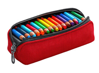 Red pencil case, zippered, colorful pencils inside