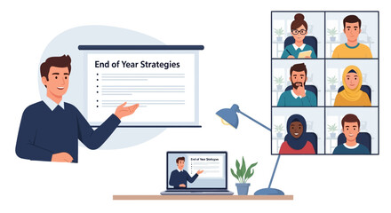 A business professional presenting a strategic plan to a diverse remote team during an online video conference