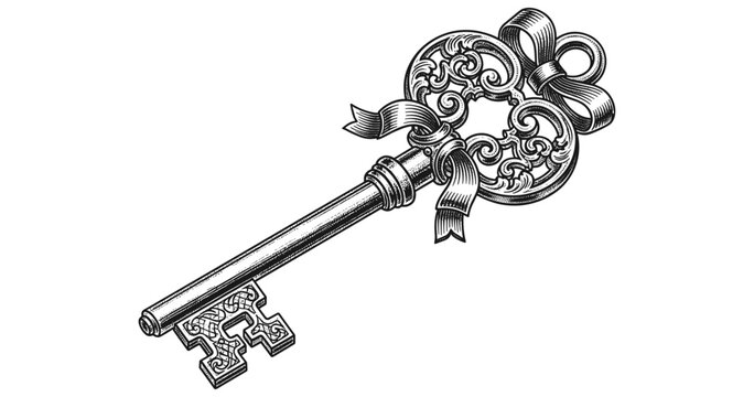 Intricate vintage key with ribbon in detailed engraving style