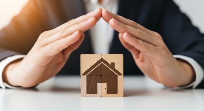 Real Estate Shelter: Hands forming a protective shield over a house block, symbolizing security and protection in real estate. It's a visual metaphor for safeguarding property and investment. 