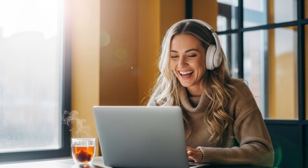 Tech-Enhanced Bliss: A radiant young woman, immersed in the digital realm, beams with joy as she engages with technology, wearing headphones and sipping a warm drink by the window. 