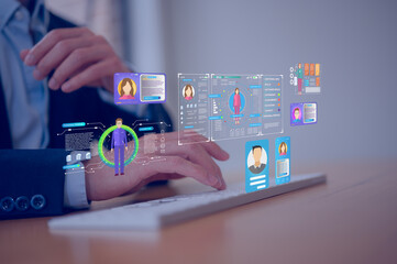 Businessman typing on keyboard working with Digital Dashboard for HR Performance Analytics
