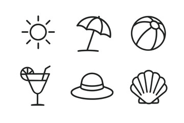 Beach essentials: sun, umbrella, beach ball, drink, hat, shell icons