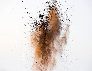 Abstract Brown Dust Explosion and Particle Burst on White Background