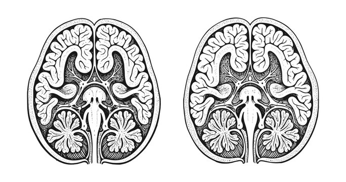 Detailed engraving of human brain anatomy cross-section