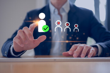 Businessman typing on keyboard working with with virtual human resource interface on laptop, representing HR management, employee analytics, digital recruitment, and workforce optimization strategy