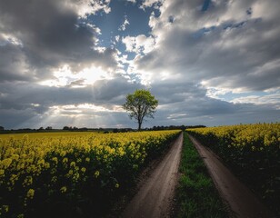 Countryside Dirt Road Through Yellow Flower Field Under Dramatic Sky