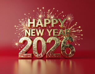 Happy New Year 2026 Golden Text with Fireworks on Red Background