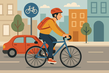 Fototapeta premium Young caucasian male cyclist wearing an orange helmet and backpack rides a blue bicycle in an urban setting, passing a red car and a bicycle sign.