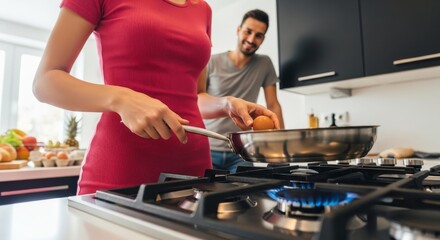 Culinary Companions: A couple collaborates in the kitchen, cooking up a delicious meal together, as they are making breakfast or a delightful dinner. 