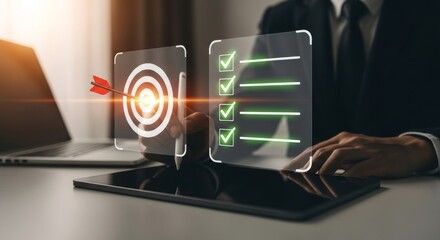 Achieving the Goal: a businessman pointing target which symbolized success and achievement and has a checklist on hand. 