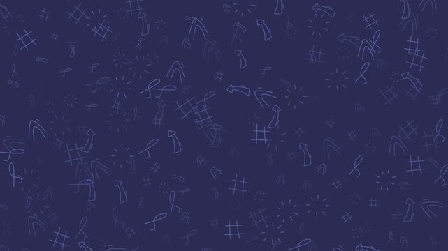 Design with arrows, music notes, suns, hashtags, and arches on a dark blue background. Great for music promotions and social media marketing