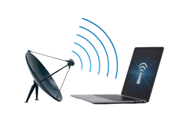 Satellite dish and laptop receiving wireless signal isolated on transparent background