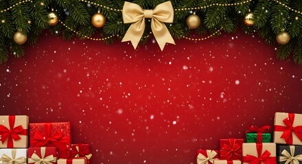 Festive christmas background with red textured backdrop falling snow decorated pine garland golden bow and gift boxes