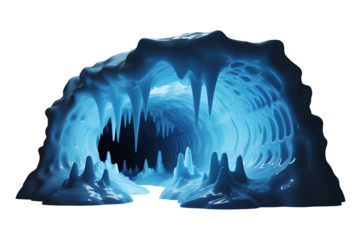 Glowing blue ice cave with stalactites and stalagmites isolated on transparent background