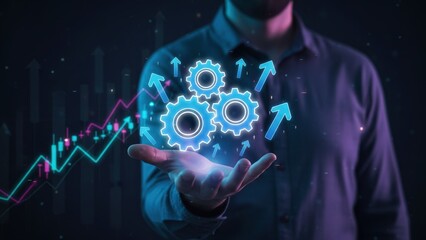 A hand holding a glowing gears with arrows rising showing progress, productivity and efficiency