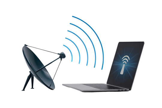 Satellite dish and laptop receiving wireless signal isolated on transparent background