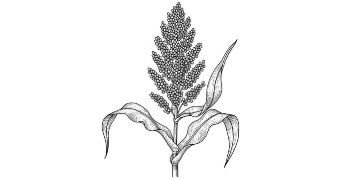 Intricate botanical art of a sorghum plant with detailed leaves and seeds