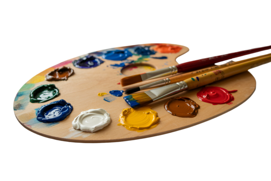 Artist s wooden palette with colorful paints and brushes isolated on transparent background