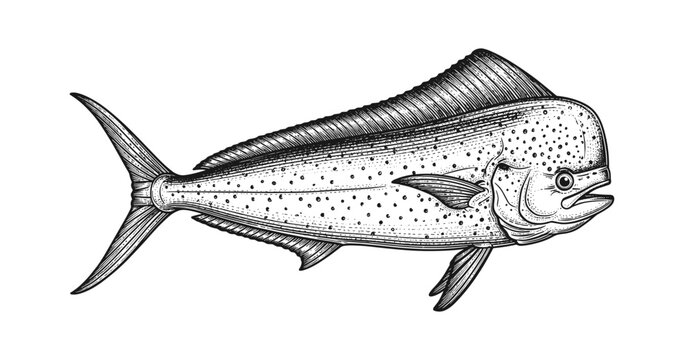 Detailed black and white mahi-mahi fish drawing with textured lines