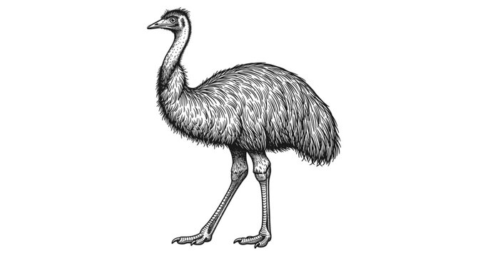 Detailed black and white emu sketch with feather texture and realistic features