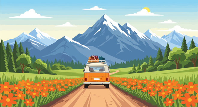 Road trip adventure Orange van on mountain road Vector illustration of outdoor travel and nature landscape