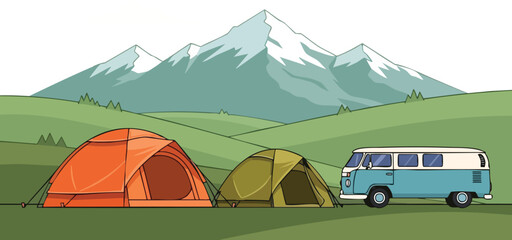 Camping Adventure Tents and Classic Van in the Mountains Illustration