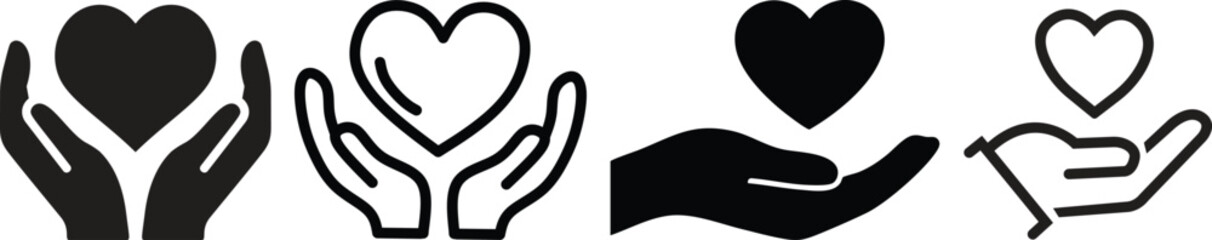 Heart in hand icon set.Donation and giving aid concept , Hands holding heart icon.Love icon. Health, medicine symbol. Healthcare hands holding heart flat and line style - stock vector.