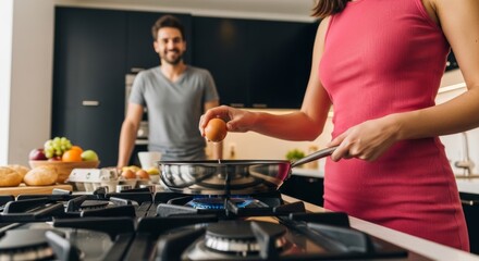 Culinary Creation: A woman expertly cracks an egg into a sizzling pan, while a man smiles in anticipation, the essence of home-cooked meal is a focus of togetherness and simplicity.