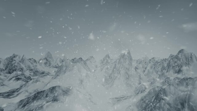 旋回しながら連なる雪山の上空を飛ぶループアニメーション　吹雪