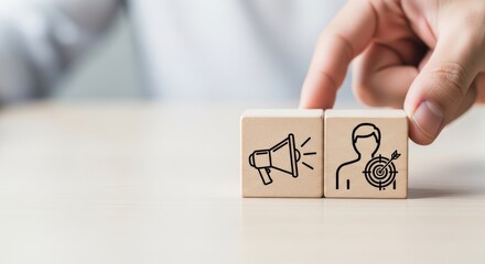 Targeted Audience: An individual places two wooden blocks together, depicting a megaphone symbol alongside a person with a target, symbolizing precise audience targeting.