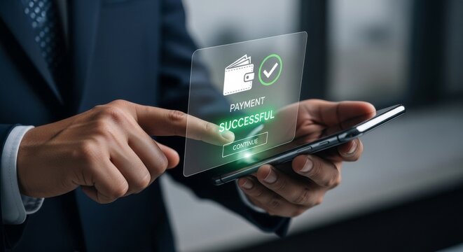 Mobile Payment: A businessperson's hand interacts with a smartphone.