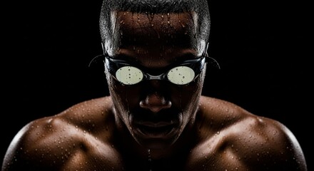 Focused Swimmer: A determined swimmer with a serious expression and water droplets glistening on his skin stares intently forward, showcasing the intensity and focus of athletic competition.