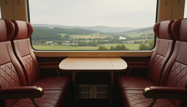 Luxury business class train window with elegant red leather seats, scenic countryside landscape outside, calm atmosphere, soft natural light, cinematic travel mood